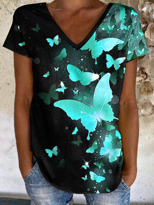  Damen T Shirt Designer Kurzarm Schmetterling 3D-Druck V Ausschnitt Alltag Wochenende Bedruckt Kleidung Designer Basic Grün Purpur Rosa