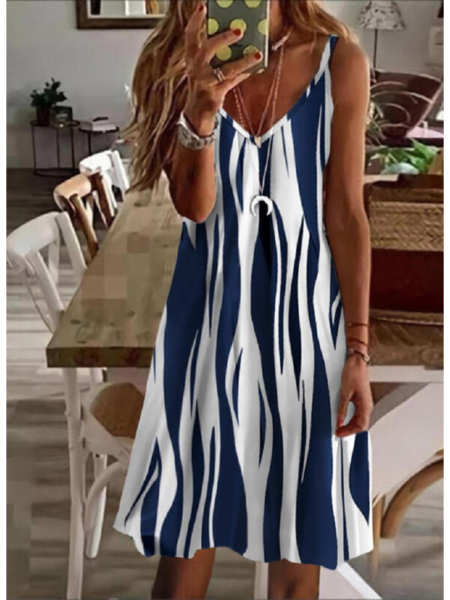  نسائي فستان حمالة فستان طول الركبة أزرق بدون كم مخطط ألوان متناوبة مجرد طباعة الربيع الصيف V رقبة أنيق كاجوال رومانسي 2022 S M L XL XXL 3XL / طباعة ثلاثية الأبعاد