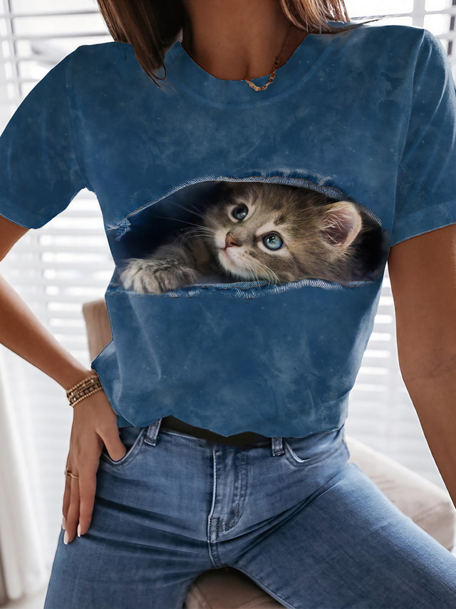  Mulheres Camiseta Designer Impressão 3D Gato Gráfico 3D Detalhes Manga Curta Decote Redondo Casual Imprimir Roupas Designer Básico Azul