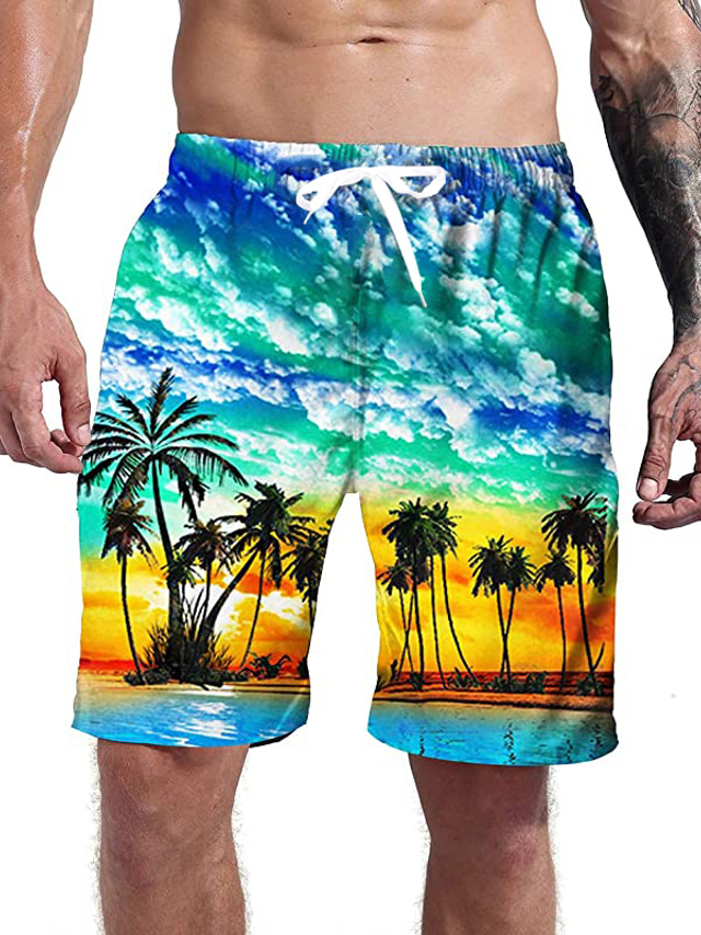  Bărbați Boxeri înot Pantaloni Scurți de Înot Costume de Baie Cordon Buzunar Design Elastic cu Cordon Plajă Imprimare 3D Copac de cocos Primăvara & toamnă Vară / Talie medie