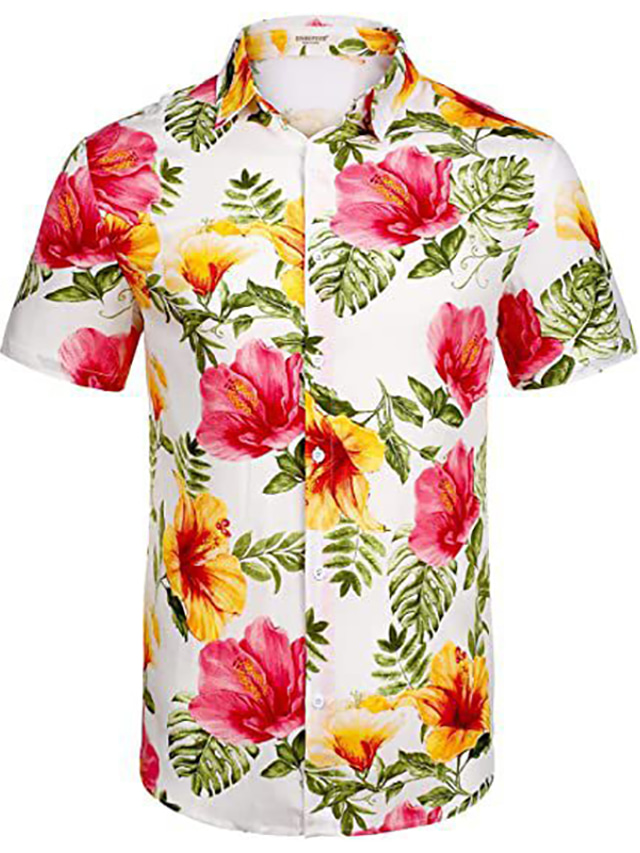 Men's Shirt Print Floral Palm Leaf Leaves Classic Collar Daily Holiday Print Short Sleeve Tops Casual Fashion Tropical Hawaiian White Black Pink / Summer / Spring / Summer