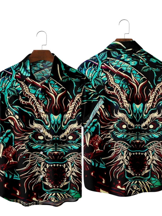  Homme Chemise Graphic Dragon Col Classique Vert / Noir Print Soirée du quotidien Manche Courte Imprimer Vêtement Tenue Vêtement de rue Hawaïen Design