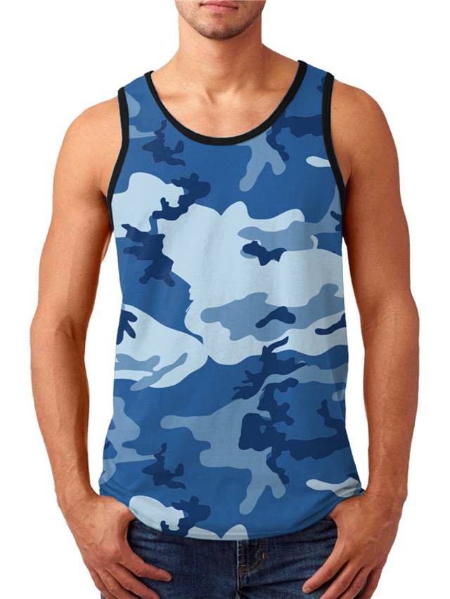  Men's Tank Top Undershirt Lightweight Fashion Comfortable Sleeveless Black / Red Black / White Black Blue Brown Camo / Camouflage Flame Crew Neck Casual Daily Print Clothing Clothes Lightweight