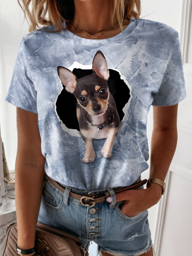  Dame T skjorte Designer 3D-utskrift Hund Grafisk 3D Design Kortermet Rund hals Avslappet Trykt mønster Klær Klær Designer Grunnleggende Grønn Blå Lilla