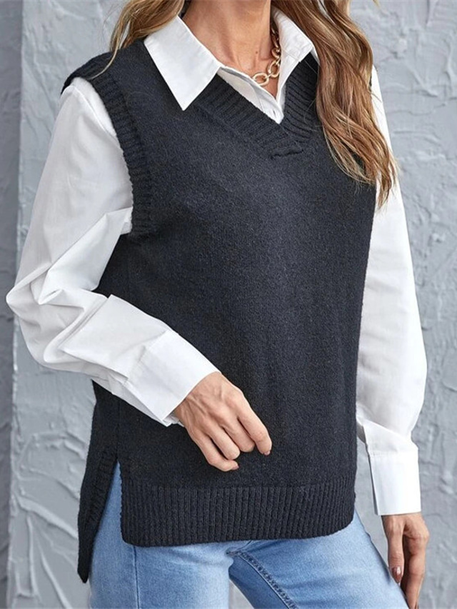  Women's Sweater Vest Stylish Basic Casual Pure Color V Neck Knitted Sleeveless Knit School Daily Going out Black Wine Summer Spring