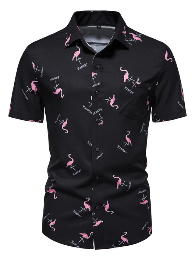  Herre Skjorte 3D-utskrift Flamingo Store størrelser Aftæpning Ferie 3D Trykt mønster Kortermet Topper Fargeblokk Fritid Klassisk Svart / Sommer