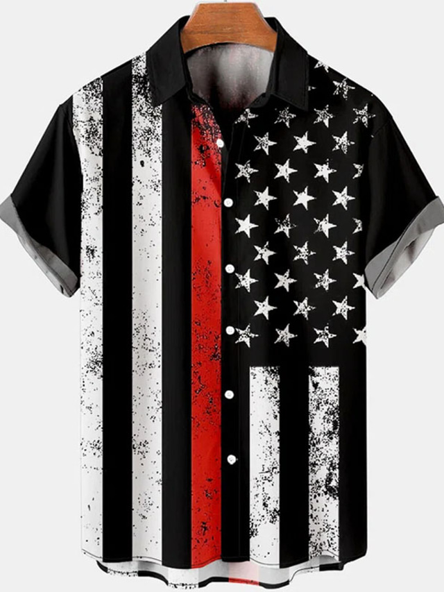  رجالي قميص قميص هاواي طباعة الرسم العلم الوطني طوي شارع فضفاض 3D زر أسفل كم قصير قمم مصمم كاجوال موضة متنفس أسود