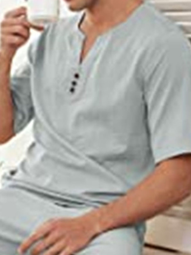  Ανδρικά Casual πουκάμισο Συμπαγές Χρώμα Χένλι Δρόμος Causal Κοντομάνικο Άριστος Βαμβάκι Καθημερινό Μοντέρνα Αναπνέει Άνετο Λευκό Μαύρο Θαλασσί