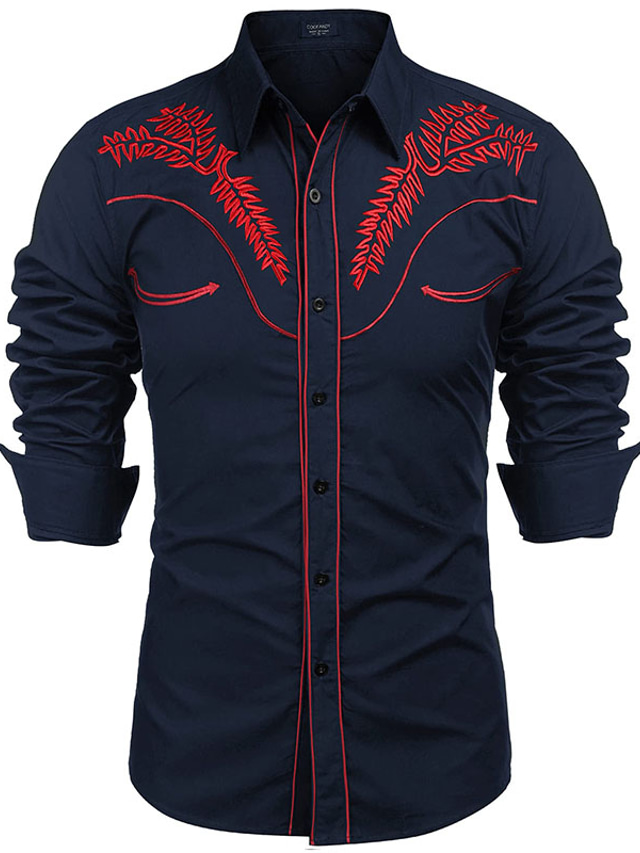  Men's Dress Shirt Floral Turndown Street Daily Embroidered Button-Down Long Sleeve Tops Fashion western style Breathable Comfortable Black Khaki Red