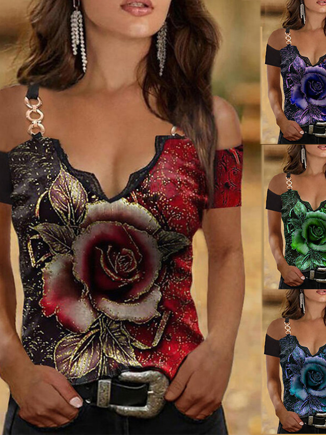  Women's summer new Women's  top sexy printed v-neck lace strapless t-shirt