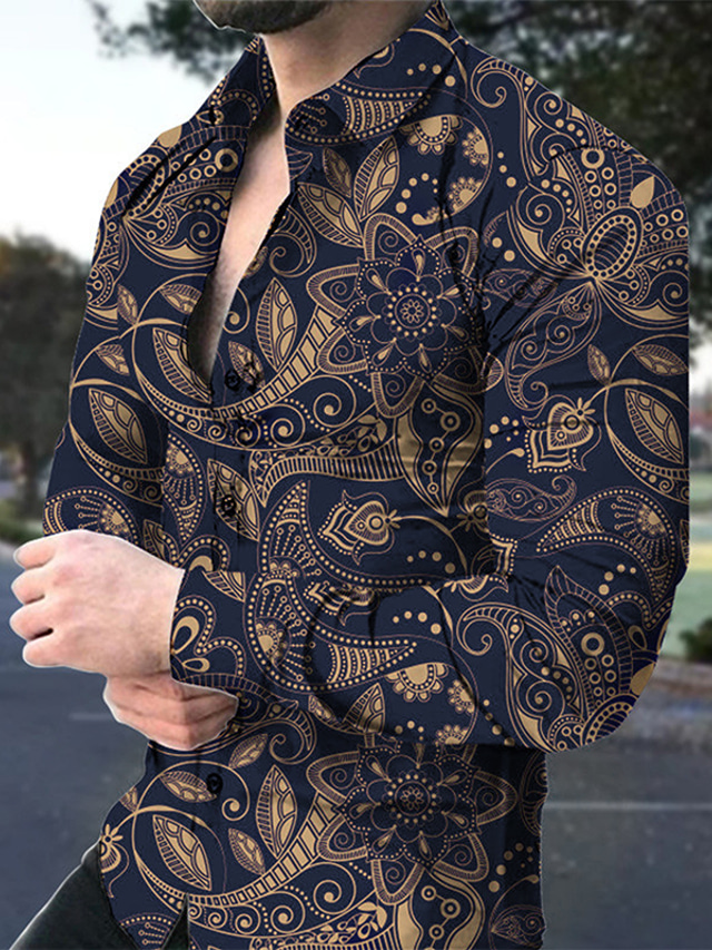  herrskjorta långärmad toppar med button-down tryck marinblå blommig turndown utomhus street fashion casual skjortor