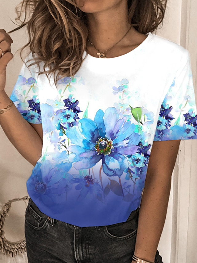  女性用 Tシャツ デザイナー 3Dプリント フラワー グラフィック デザイン 半袖 ラウンドネック カジュアル 祝日 プリント 服装 デザイナー ベーシック ブルー パープル ピンク