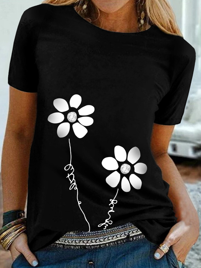  Mulheres Camiseta Designer Impressão A Quente Floral Gráfico Detalhes Manga Curta Decote Redondo Casual Feriado Imprimir Roupas Designer Básico Preto Cinzento Rosa