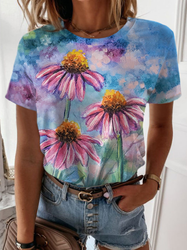  女性用 Tシャツ デザイナー 3Dプリント フラワー グラフィック デザイン 半袖 ラウンドネック カジュアル 祝日 プリント 服装 デザイナー ベーシック ブルー