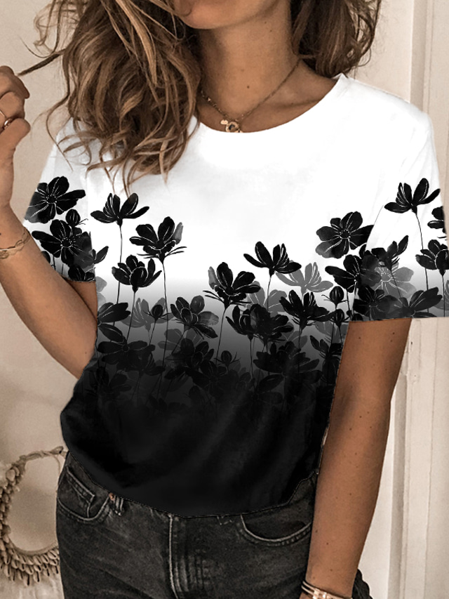  女性用 Tシャツ デザイナー 3Dプリント フラワー グラフィック デザイン 半袖 ラウンドネック カジュアル 祝日 プリント 服装 デザイナー ベーシック グリーン ブラック パープル