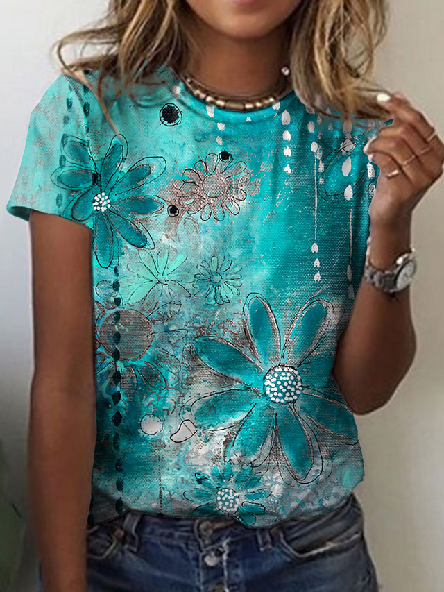  女性用 Tシャツ デザイナー 3Dプリント フラワー グラフィック デザイン 長袖 ラウンドネック 日常 祝日 プリント 服装 デザイナー ベーシック グリーン ブルー パープル