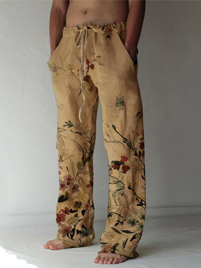 Męskie Lniane spodnie Spodnie Spodnie plażowe Druk 3D Elastyczna konstrukcja ze sznurkiem Przednia kieszeń Designerskie Moda Duży i wysoki Codzienny Na wakacje Komfort Miękka Wzory graficzne Kwiat