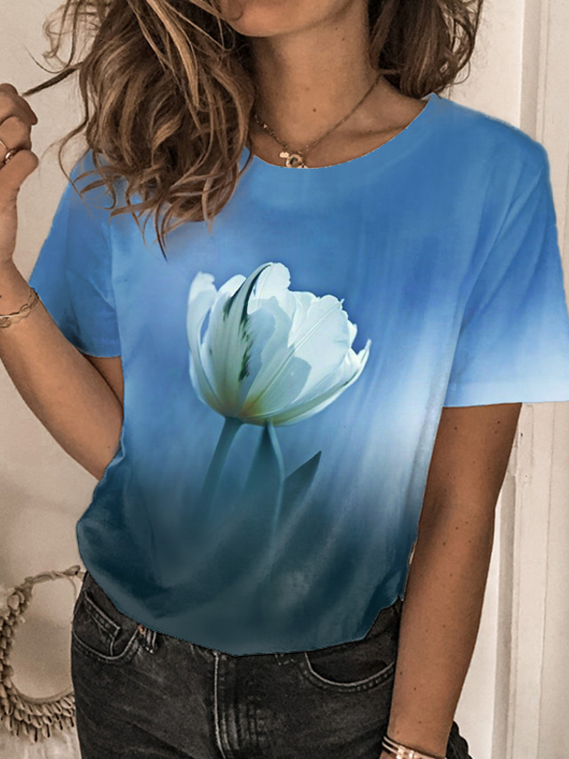  Women's T shirt Tee Designer 3D Print Floral Graphic Design Short Sleeve Round Neck Casual Holiday Print Clothing Clothes Designer Basic Green Blue Purple