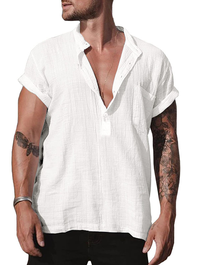  camicia casual da uomo tinta unita henley street casual button-down manica corta top casual moda traspirante confortevole bianco nero grigio