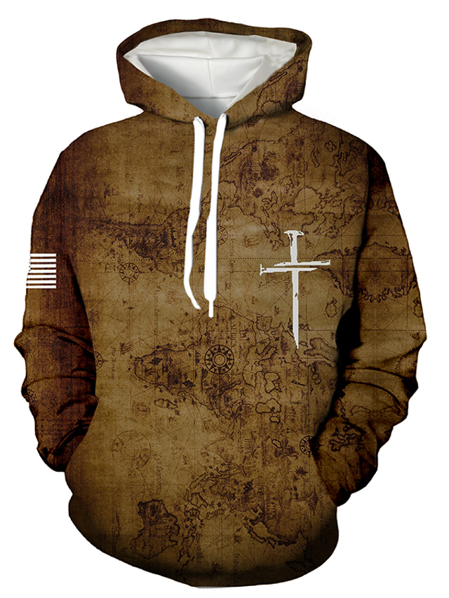  Men's Hoodie Sweatshirt Print Designer Casual Big and Tall Graphic Cross Brown Plus Size Hooded Casual Daily Holiday Long Sleeve Clothing Clothes Regular Fit