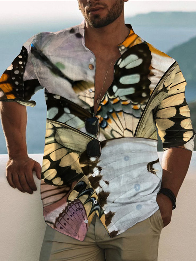  Men's Shirt Summer Hawaiian Shirt Print Graphic Butterfly Animal Stand Collar Casual Daily Button-Down Print Long Sleeve Tops Designer Casual Fashion Comfortable Yellow