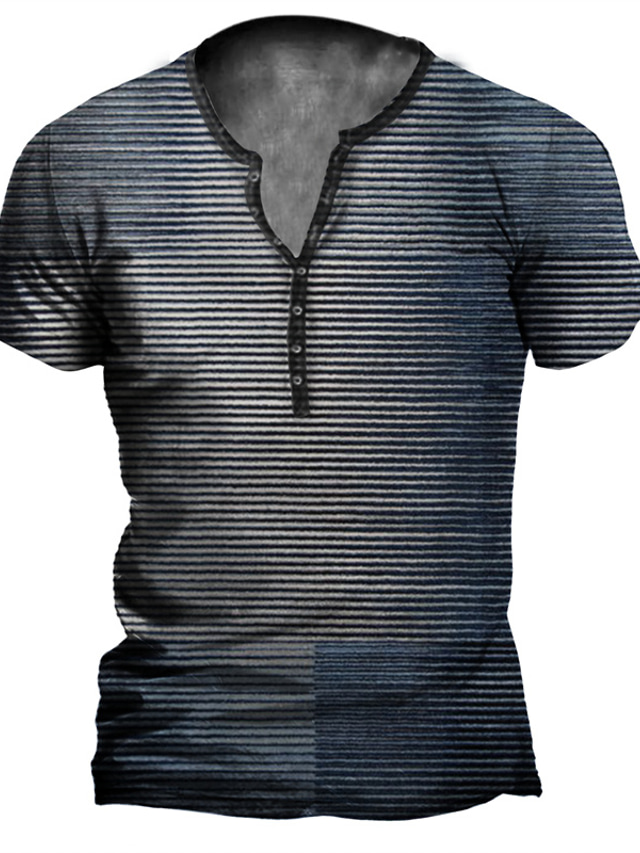 Chemises Henley rétro à manches courtes pour homme - Délavées - Délavées, Bleu, Moyen