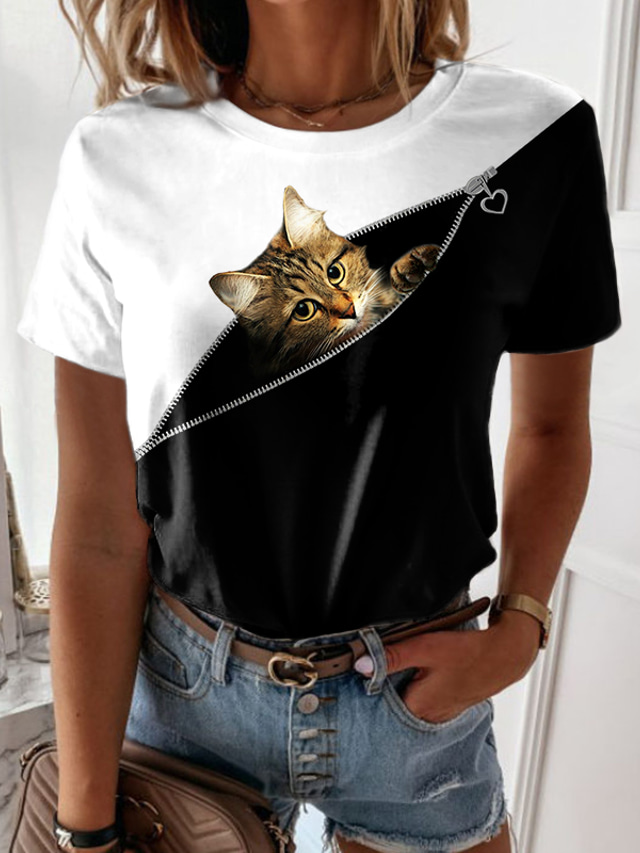  Dame T-shirt Designer 3D-udskrivning Kat Grafisk 3D Design Kortærmet Rund hals Afslappet Trykt mønster Tøj Tøj Designer Basale Grøn Sort Lilla