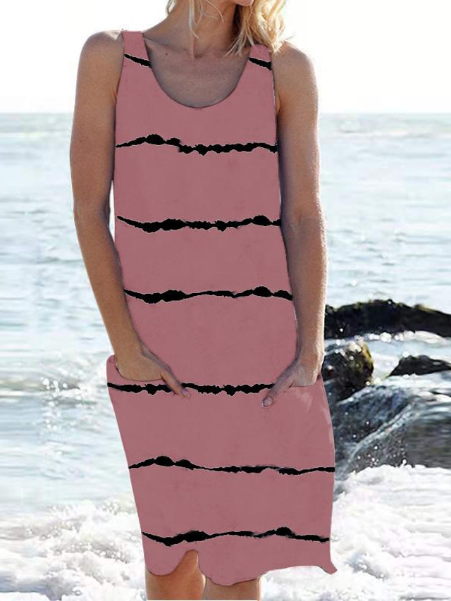  sommer nye kvinders hot salg løs rund hals lomme stribet ærmeløs kjole er nu