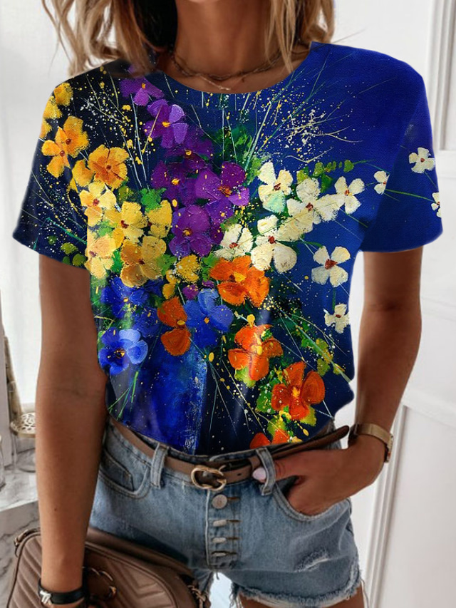 Femme T shirt Tee Design 3D effet Floral Graphic Design Manches Courtes Col Rond Décontractée Vacances Imprimer Vêtements Design basique Bleu