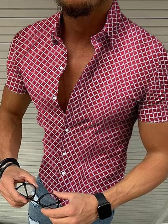  Men's Shirt Summer Shirt Lattice Turndown Black White Red Blue Green Print Casual Short Sleeve Print Clothing Apparel Beach