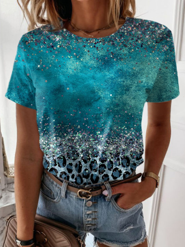 女性用 Tシャツ デザイナー 3Dプリント グラフィック レオパード デザイン 半袖 ラウンドネック カジュアル プリント 服装 デザイナー ベーシック グリーン ブルー パープル