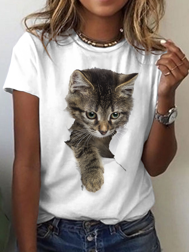  Women's T shirt Tee Designer Hot Stamping Cat Graphic 3D Design Short Sleeve Round Neck Casual Print Clothing Clothes Designer Basic White Black Gray