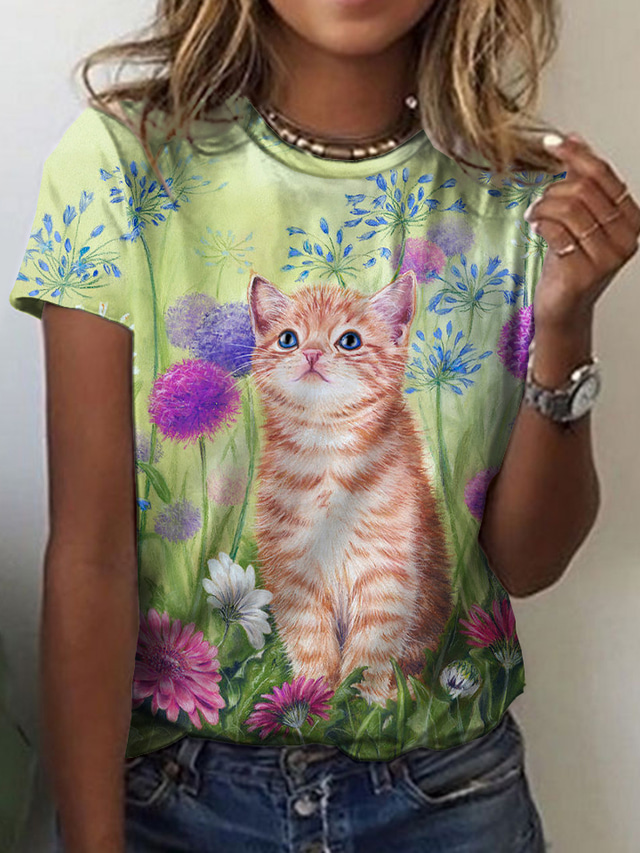  Dame T skjorte Designer 3D-utskrift Blomstret Katt Grafisk Design Kortermet Rund hals Avslappet Ferie Trykt mønster Klær Klær Designer Grunnleggende Grønn