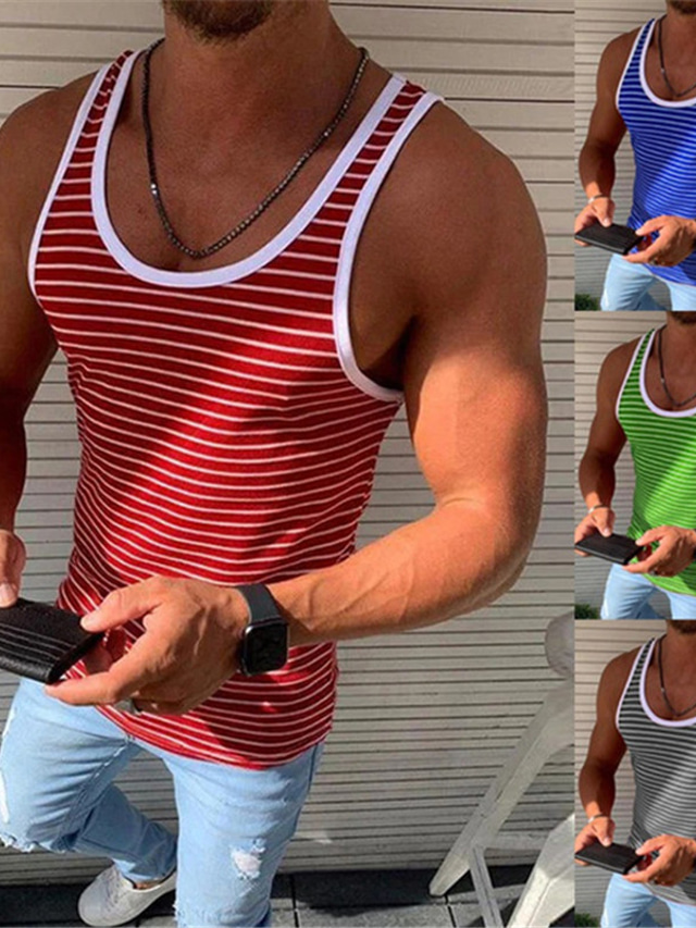  Men's Tank Top Vest Undershirt Striped Crew Neck Clothing clothes Street Casual Sleeveless Tops Lightweight Fashion Breathable Comfortable Green Blue Gray / Summer