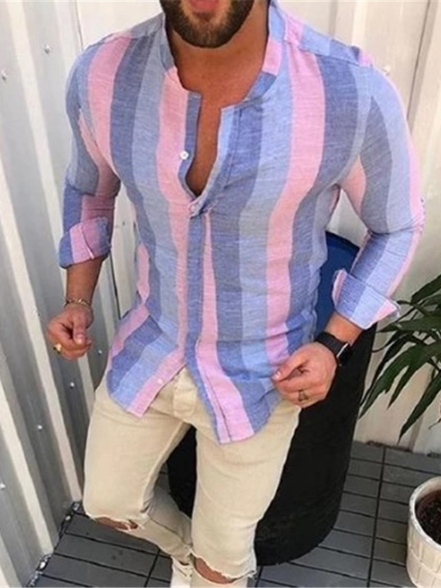  Men's Casual Shirt Striped Stand Collar Street Casual Button-Down Long Sleeve Tops Casual Fashion Breathable Comfortable Purple / Summer