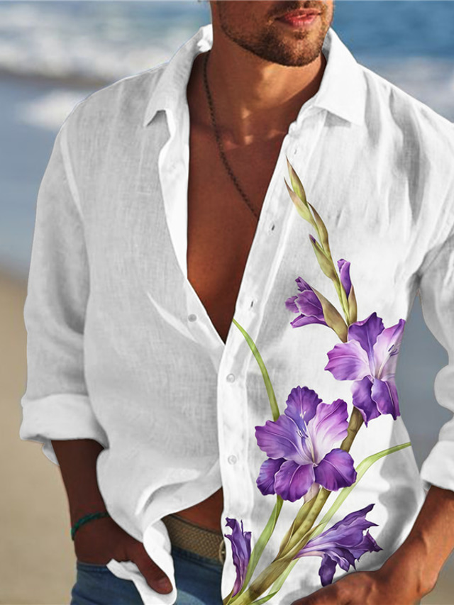  Męskie Koszula Graficzny Kwiaty W serek Biały Niebieski + zielony Szary Nadruk Na zewnątrz Codzienny Długi rękaw Druk 3D Odzież Moda Designerskie Codzienny Wygodny