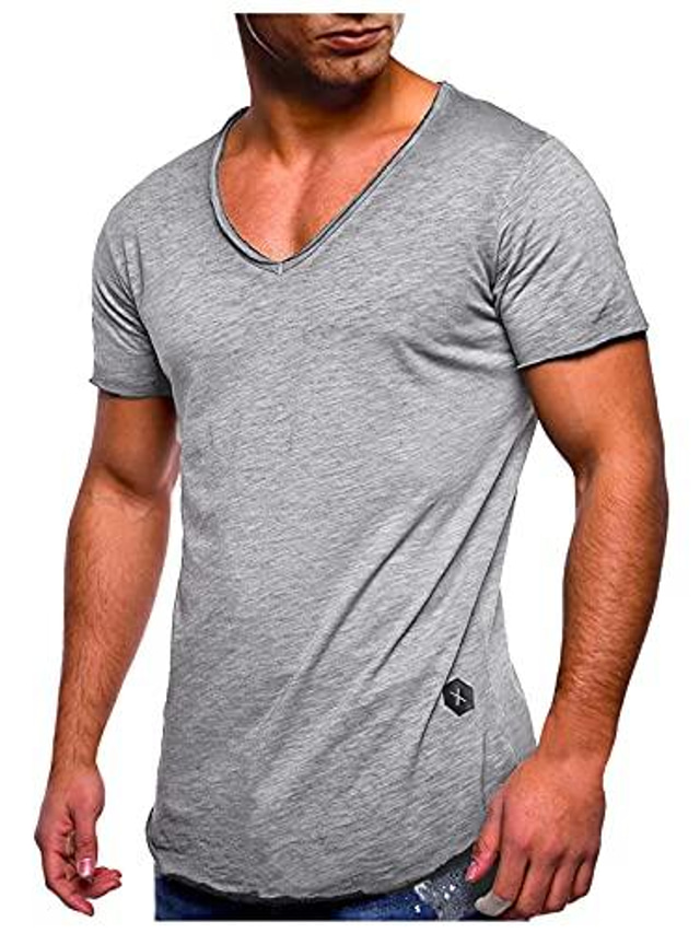  Camisas informales con cuello en V para hombre, camisetas de manga corta de color liso, camisetas ajustadas de verano, camiseta grande y alta, gris