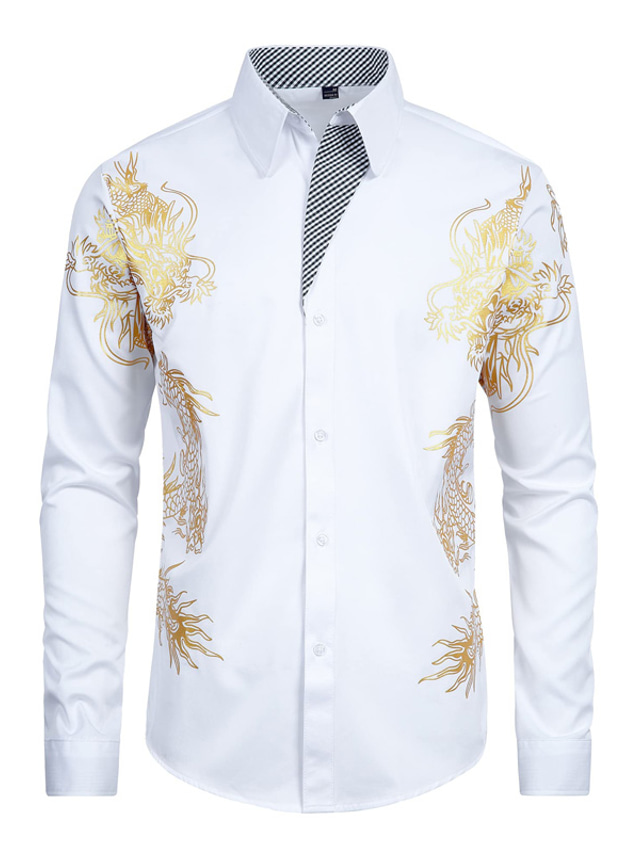  メンズタキシードシャツプリントドラゴンターンダウンパーティーストリートボタンダウンプリント長袖トップスファッション通気性のある快適な白い夏のシャツ