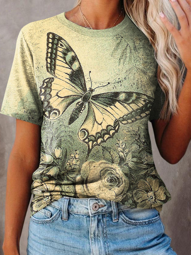  女性用 Tシャツ デザイナー 3Dプリント グラフィック バタフライ デザイン 半袖 ラウンドネック カジュアル プリント 服装 デザイナー ベーシック イエロー