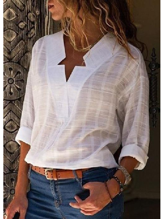  Women's Casual Daily Blouse Shirt Plain Long Sleeve V Neck Basic Elegant Vintage Tops White Black Pink S