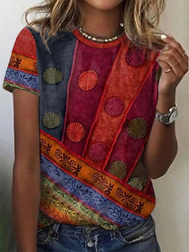  Dame T-shirt Designer 3D-udskrivning Geometrisk Kortærmet Rund hals Afslappet Daglig Trykt mønster Tøj Tøj Designer Basale Regnbue