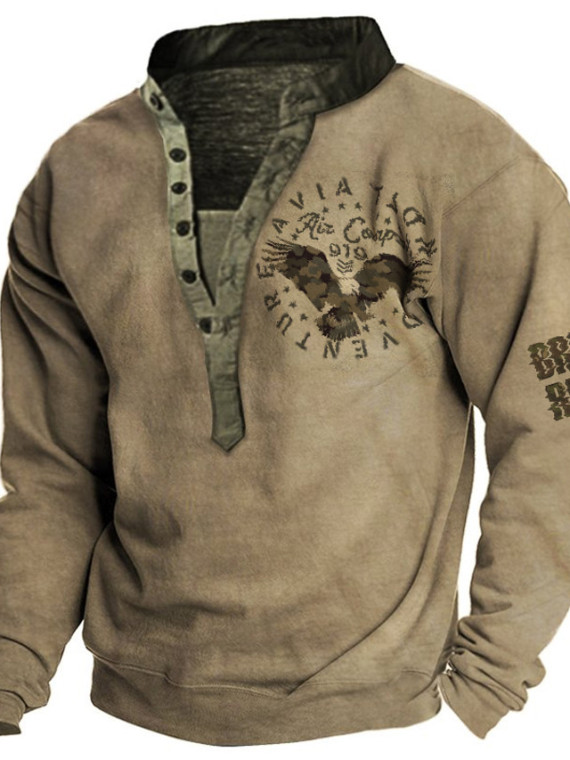  Men's Sweatshirt Pullover Print Basic Vintage 3D Print Graphic Eagle Army Green Navy Blue Khaki Print Plus Size Henley Collar Sports & Outdoor Casual Daily Long Sleeve Clothing Clothes Regular Fit