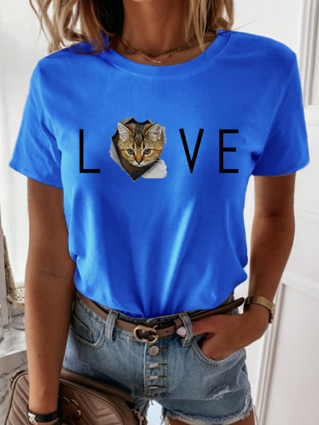  Damen T Shirt Design Heißprägen Katze Graphic 3D Frieden Liebe Design Kurzarm Rundhalsausschnitt Alltag Bedruckt Kleidung Design Basic Grün Weiß Blau