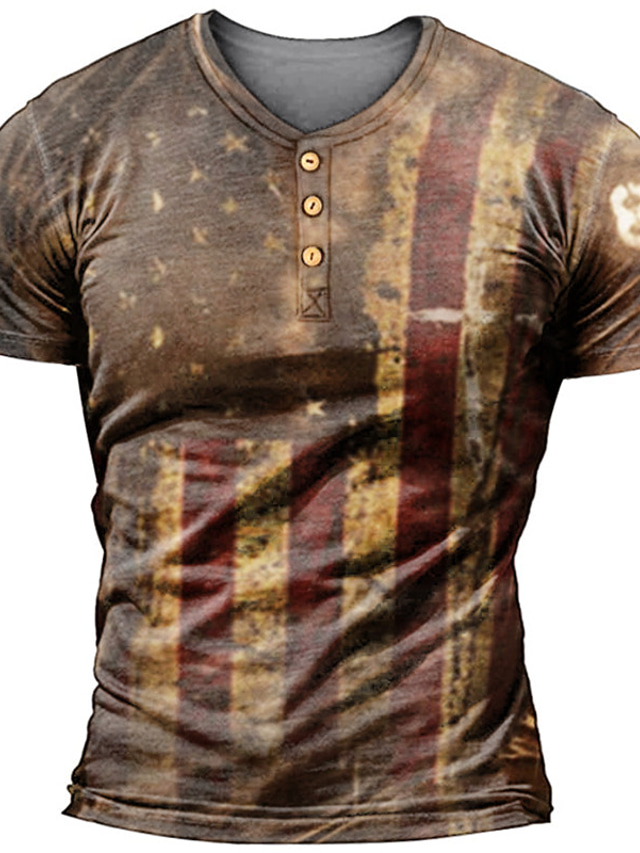  Men's Henley Shirt T shirt Tee Designer 1950s Summer Short Sleeve Graphic National Flag Print Plus Size Henley Casual Daily Button-Down Print Clothing Clothes Designer 1950s Casual Brown