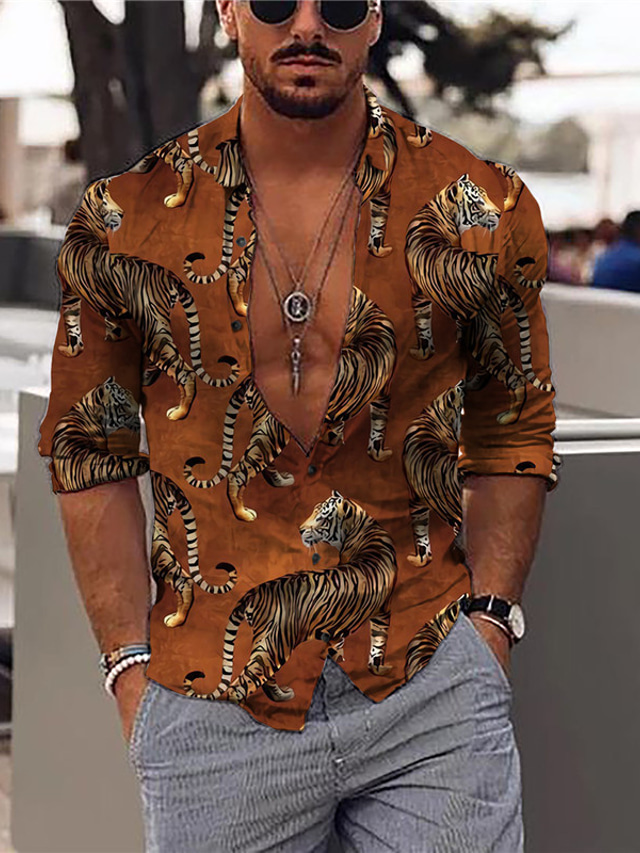  Men's Shirt Print Graphic Tiger Animal Turndown Casual Daily 3D Print Button-Down Long Sleeve Tops Designer Casual Fashion Comfortable Brown