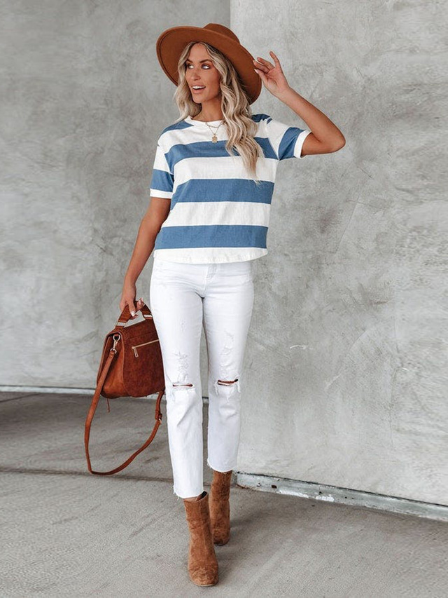  Women's T shirt Basic Striped Stripes Round Neck T-shirt Sleeve Regular Spring &  Fall Blue