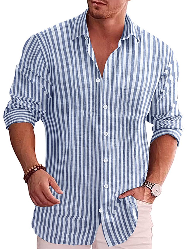  Men's Shirt Striped Plus Size Turndown Casual Daily Long Sleeve Tops Comfortable Summer Shirts Elegant Vintage Blue Gray