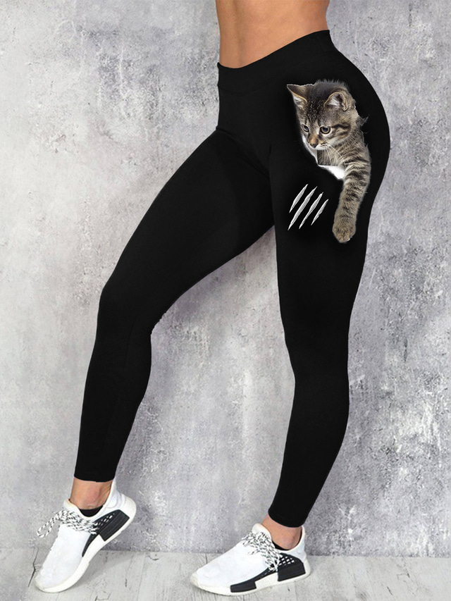  Dames Hip-hop Sportkleding Panty Leggings Afdrukken Enkellengte Broek Recreatiesport Uitgaan Rekbaar 3D-afdrukken Kat Comfort Medium Taille Wit Zwart S M L XL XXL