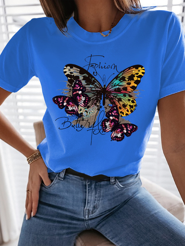  Women's T shirt Tee Designer Hot Stamping Graphic Butterfly Design Short Sleeve Round Neck Casual Print Clothing Clothes Designer Basic White Blue Gray