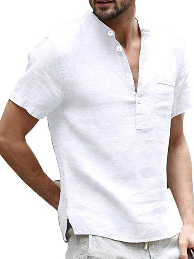  Men's Casual Shirt Solid Color Henley Street Casual Button-Down Short Sleeve Tops Classic Comfortable White Black Blue / Summer / Spring / Summer
